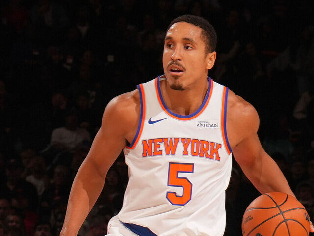 NEW YORK, NY - OCTOBER 13: Malcom Brogdon #5 of the New York Knicks dribbles the ball during the game against the Washington Wizards during an NBA Preseason game on October 13, 2025 at Madison Square Garden in New York City, New York. Mandatory Copyright Notice: Copyright 2025 NBAE