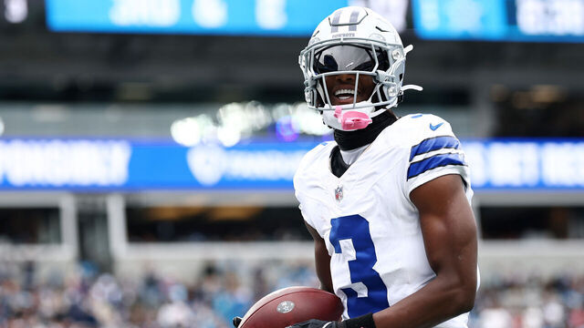 CHARLOTTE, NORTH CAROLINA - OCTOBER 12: George Pickens #3 of the Dallas Cowboys celebrates after a touchdown during the third quarter against the Carolina Panthers in the game at Bank of America Stadium on October 12, 2025 in Charlotte, North Carolina.