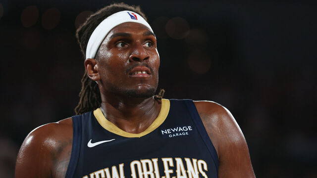 MELBOURNE, AUSTRALIA - OCTOBER 03: Kevon Looney of the Pelicans looks on during the NBAxNBL match between Melbourne United and New Orleans Pelicans at Rod Laver Arena on October 03, 2025 in Melbourne, Australia.