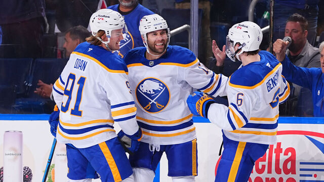 BUFFALO, NEW YORK - OCTOBER 15: Jason Zucker #17 of the Buffalo Sabres celebrates his goal with Josh Doan #91 and Zach Benson #6 against the Ottawa Senators during second period on October 15, 2025 at KeyBank Center in Buffalo, New York.