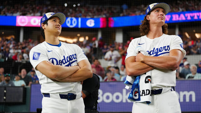 ARLINGTON, TX - JULY 15: Shohei Ohtani #17 and Tyler Glasnow #31 of the Los Angeles Dodgers look on while Teoscar Hernandez #37 bats during the 2024 T-Mobile Home Run Derby at Globe Life Field on Monday, July 15, 2024 in Arlington, Texas.