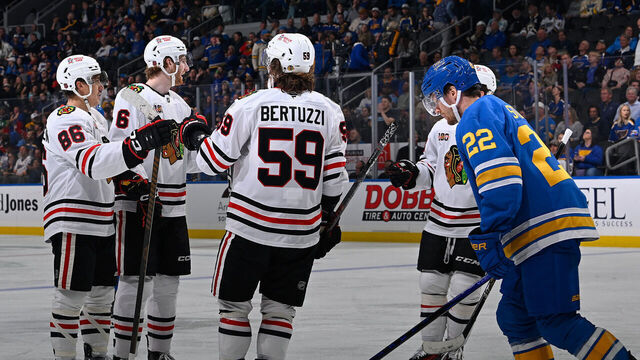 ST. LOUIS, MO - OCTOBER 15: Tyler Bertuzzi #59 of the Chicago Blackhawks is congratulated after scoring a goal against the St. Louis Blues on October 15, 2025 at the Enterprise Center in St. Louis, Missouri.