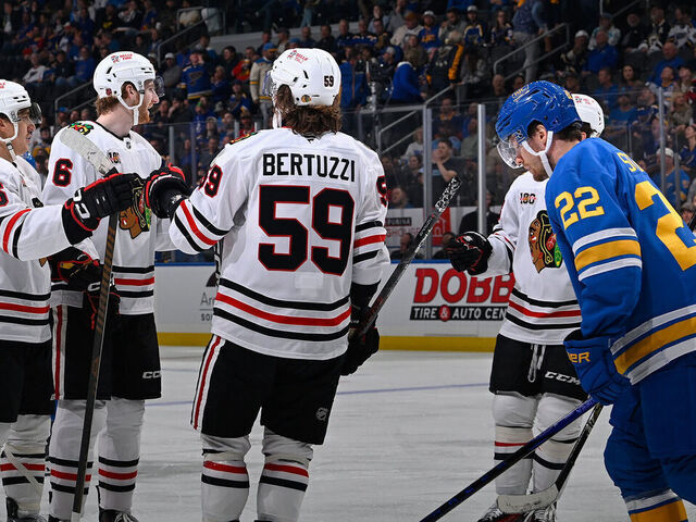 ST. LOUIS, MO - OCTOBER 15: Tyler Bertuzzi #59 of the Chicago Blackhawks is congratulated after scoring a goal against the St. Louis Blues on October 15, 2025 at the Enterprise Center in St. Louis, Missouri.