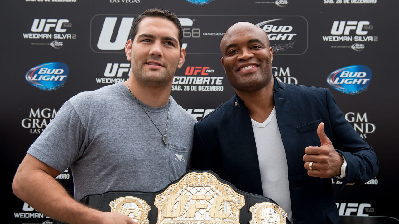 RIO DE JANEIRO, BRAZIL - SEPTEMBER 29: UFC middleweight champion Chris Weidman and former middleweight champion Anderson Silva face off for the media during the UFC 168: Weidman v SIlva 2 Press Tour at Copacabana Palace on September 29, 2013 in Rio de Janeiro, Brazil.