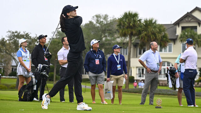 ST. SIMONS ISLAND, GEORGIA - NOVEMBER 20: WNBA;s Caitlin Clark of Indiana Fever watches her tee shot during a pro-am prior to The RSM Classic at Sea Island Golf Club on November 20, 2024 in St. Simons Island, Georgia.
