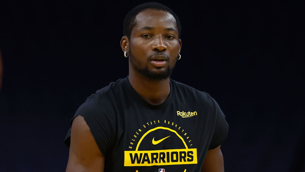 SAN FRANCISCO, CALIFORNIA - OCTOBER 08: Jonathan Kuminga #1 of the Golden State Warriors warms up before the game against the Portland Trail Blazers at Chase Center on October 08, 2025 in San Francisco, California.
