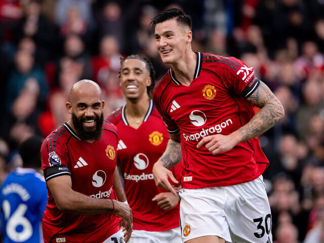 MANCHESTER, ENGLAND - OCTOBER 4: Benjamin Sesko of Manchester United celebrates scoring a goal to make the score 2-0 during the Premier League match between Manchester United and Sunderland at Old Trafford on October 4, 2025 in Manchester, United Kingdom.