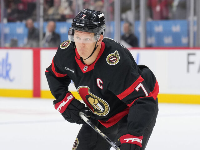 OTTAWA, CANADA - OCTOBER 13: Brady Tkachuk #7 of the Ottawa Senators skates against the Nashville Predators at Canadian Tire Centre on October 13, 2025 in Ottawa, Ontario, Canada.