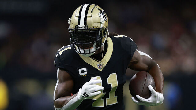 NEW ORLEANS, LOUISIANA - OCTOBER 12: Alvin Kamara #41 of the New Orleans Saints runs with the ball against the New England Patriots during the NFL 2025 game at Caesars Superdome on October 12, 2025 in New Orleans, Louisiana.""