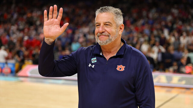 SAN ANTONIO, TEXAS - APRIL 05: head coach Bruce Pearl of the Auburn Tigers is honored during the first half in the Final Four Game of the NCAA Men's Basketball Tournament at Alamodome on April 05, 2025 in San Antonio, Texas.