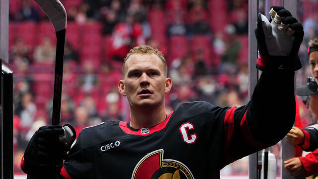 OTTAWA, CANADA - OCTOBER 13: Brady Tkachuk #7 of the Ottawa Senators leaves the ice after warmup prior to an NHL game against the Nashville Predators on October 13, 2025 at Canadian Tire Centre in Ottawa, Ontario, Canada.