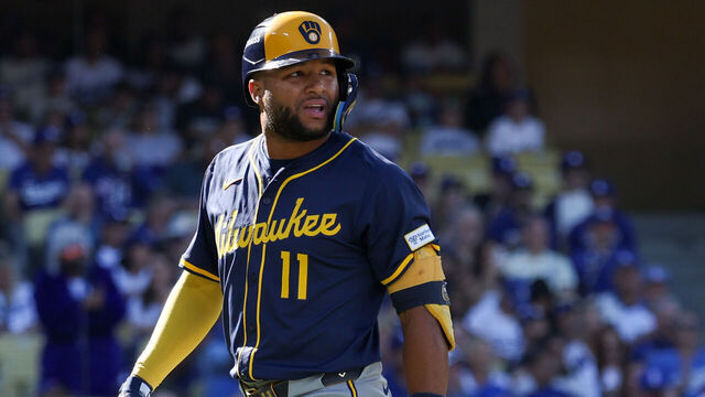 LOS ANGELES, CA - OCTOBER 16: Jackson Chourio #11 of the Milwaukee Brewers leaves the field in the first inning during Game Three of the National League Championship Series presented by loanDepot between the Milwaukee Brewers and the Los Angeles Dodgers at Dodger Stadium on Thursday, October 16, 2025 in Los Angeles, California.