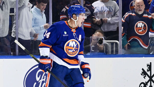 ELMONT, NEW YORK - OCTOBER 16: Bo Horvat #14 of the New York Islanders celebrates his second period goal at 17:56 against the Edmonton Oilers at UBS Arena on October 16, 2025 in Elmont, New York.