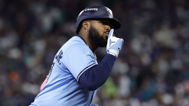 SEATTLE, WASHINGTON - OCTOBER 16: Vladimir Guerrero Jr. #27 of the Toronto Blue Jays rounds the bases after hitting a solo home run against the Seattle Mariners during the seventh inning in game four of the American League Championship Series at T-Mobile Park on October 16, 2025 in Seattle, Washington.