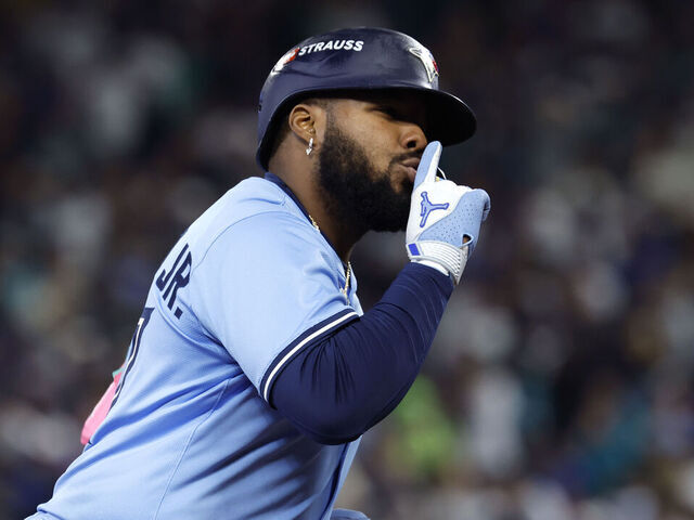 SEATTLE, WASHINGTON - OCTOBER 16: Vladimir Guerrero Jr. #27 of the Toronto Blue Jays rounds the bases after hitting a solo home run against the Seattle Mariners during the seventh inning in game four of the American League Championship Series at T-Mobile Park on October 16, 2025 in Seattle, Washington.