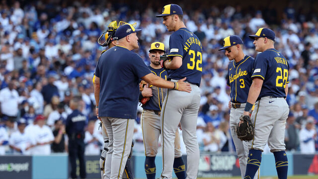 LOS ANGELES, CALIFORNIA - OCTOBER 16: Jacob Misiorowski #32 of the Milwaukee Brewers looks on before being taken out during the sixth inning against the Los Angeles Dodgers in game three of the National League Championship Series at Dodger Stadium on October 16, 2025 in Los Angeles, California.