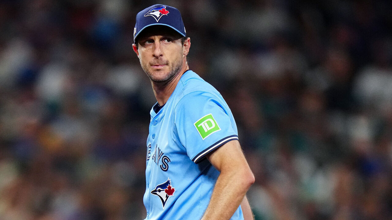 SEATTLE, WA - OCTOBER 16: Max Scherzer #31 of the Toronto Blue Jays looks on during Game Four of the American League Championship Series presented by loanDepot between the Toronto Blue Jays and the Seattle Mariners at T-Mobile Park on Thursday, October 16, 2025 in Seattle, Washington.