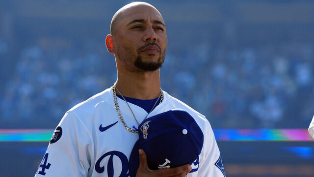 LOS ANGELES, CA - OCTOBER 16: Mookie Betts #50 of the Los Angeles Dodgers looks on during the national anthem prior to Game Three of the National League Championship Series presented by loanDepot between the Milwaukee Brewers and the Los Angeles Dodgers at Dodger Stadium on Thursday, October 16, 2025 in Los Angeles, California.