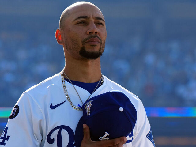 LOS ANGELES, CA - OCTOBER 16: Mookie Betts #50 of the Los Angeles Dodgers looks on during the national anthem prior to Game Three of the National League Championship Series presented by loanDepot between the Milwaukee Brewers and the Los Angeles Dodgers at Dodger Stadium on Thursday, October 16, 2025 in Los Angeles, California.
