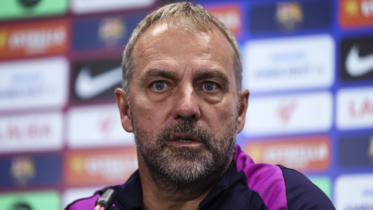 BARCELONA, SPAIN - OCTOBER 17: Hansi Flick, head coach of FC Barcelona, attends his press conference during the training day of FC Barcelona ahead the Spanish League, La Liga EA Sports, football match against Girona FC at Ciudad Esportiva Joan Gamper on October 17, 2025 in Sant Joan Despi, Barcelona, Spain.