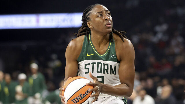LAS VEGAS, NEVADA - SEPTEMBER 18: Nneka Ogwumike #3 of the Seattle Storm looks to shoot against the Las Vegas Aces in the first quarter of a game of Game Three of the 2025 WNBA Playoffs first round at Michelob ULTRA Arena on September 18, 2025 in Las Vegas, Nevada.