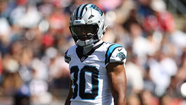 FOXBOROUGH, MASSACHUSETTS - SEPTEMBER 28: Chuba Hubbard #30 of the Carolina Panthers looks on during the NFL 2025 game between Carolina Panthers and New England Patriots at Gillette Stadium on September 28, 2025 in Foxborough, Massachusetts.