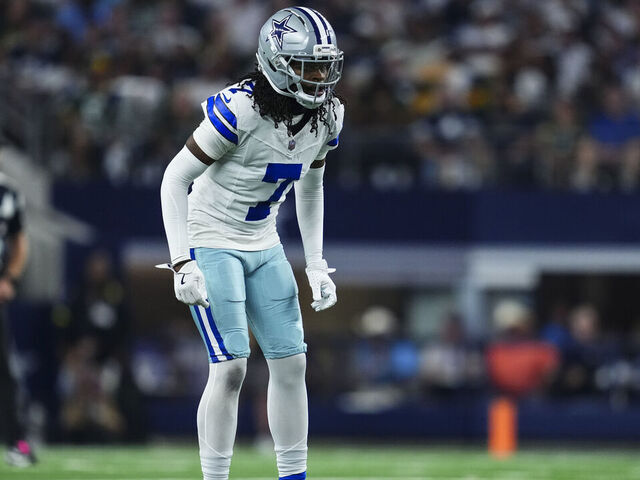 ARLINGTON, TEXAS - SEPTEMBER 28: Trevon Diggs #7 of the Dallas Cowboys lines up before the snap during an NFL football game against the Green Bay Packers at AT&T Field on September 28, 2025 in Arlington, Texas.