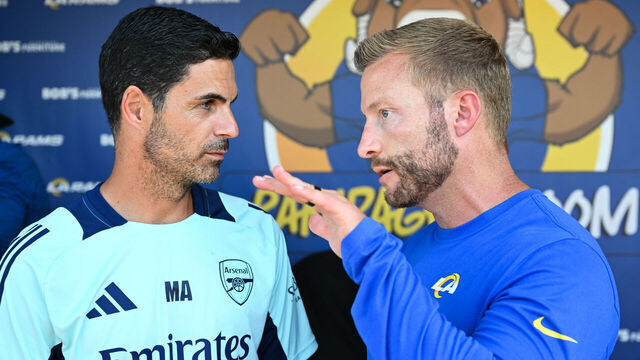 Arsenal Manager Mikel Arteta (L) chats with LA Rams Head Coach Sean McVay talk during the "Football Meets Football" Youth Clinic at the LA Rams NFL training camp on the Loyola Marymount University (LMU) campus on July 26, 2024 in Los Angeles, California. Arsenal FC will play Manchester United FC in an exhibition match at SoFi Stadium on Saturday as part of the Rivals in Red USA 2024 Tour.