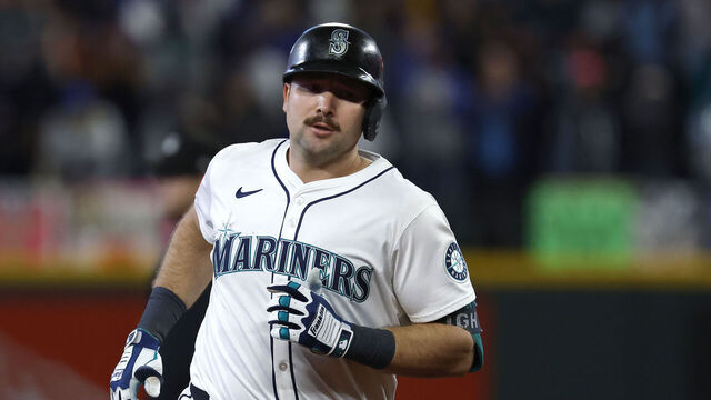 SEATTLE, WASHINGTON - OCTOBER 17: Cal Raleigh #29 of the Seattle Mariners celebrates as he rounds the bases after hitting a home run during the eighth inning to tie the game 2-2 against the Toronto Blue Jays in game five of the American League Championship Series at T-Mobile Park on October 17, 2025 in Seattle, Washington.