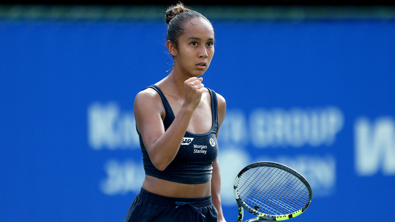 Canada's Leylah Fernandez reacts to her win against Romania's Sorana Cirstea during their women's singles semi-final match at the Japan Open tennis tournament in Osaka on October 18, 2025.