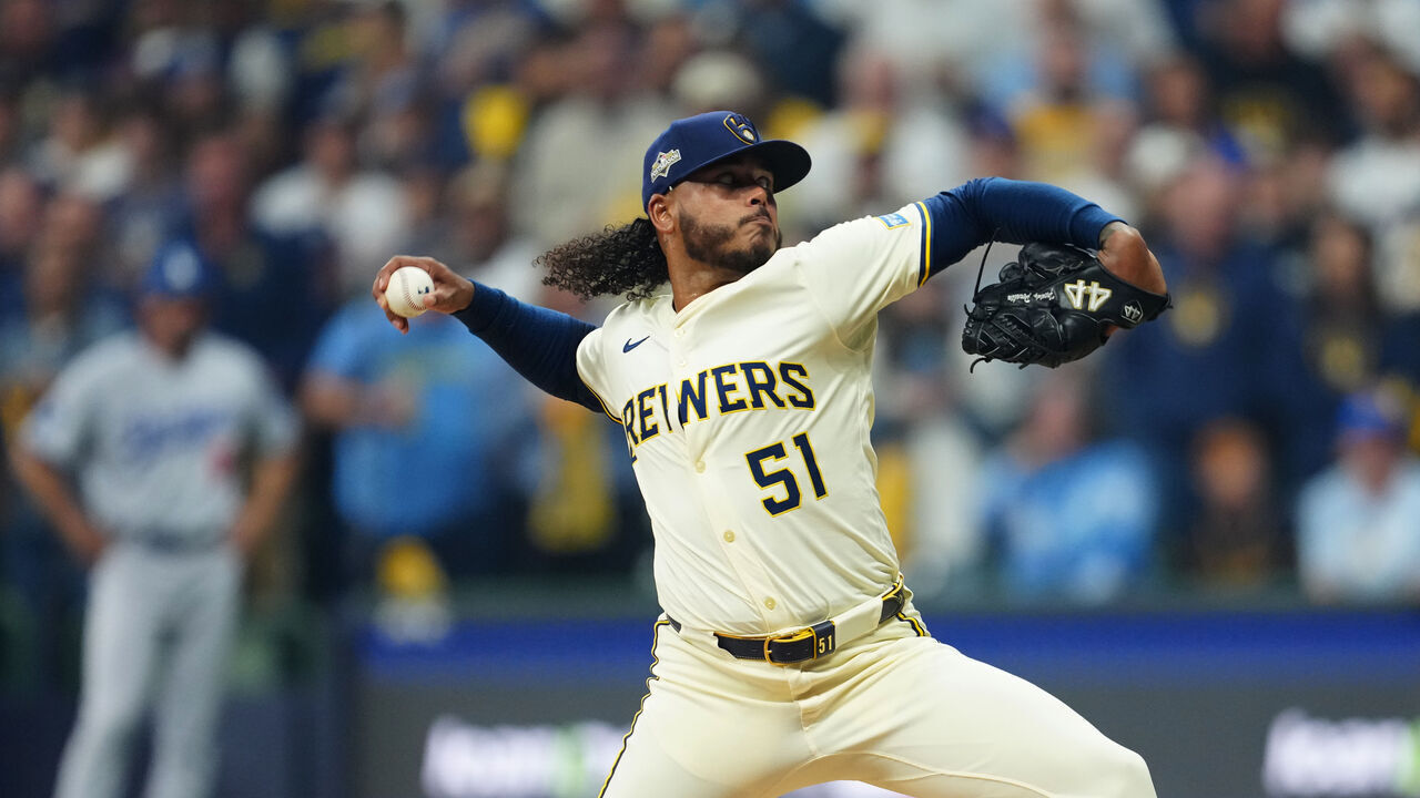 MILWAUKEE, WI - OCTOBER 14: Freddy Peralta #51 of the Milwaukee Brewers pitches during Game Two of the National League Championship Series presented by loanDepot between the Los Angeles Dodgers and the Milwaukee Brewers at American Family Field on Tuesday, October 14, 2025 in Milwaukee, Wisconsin.