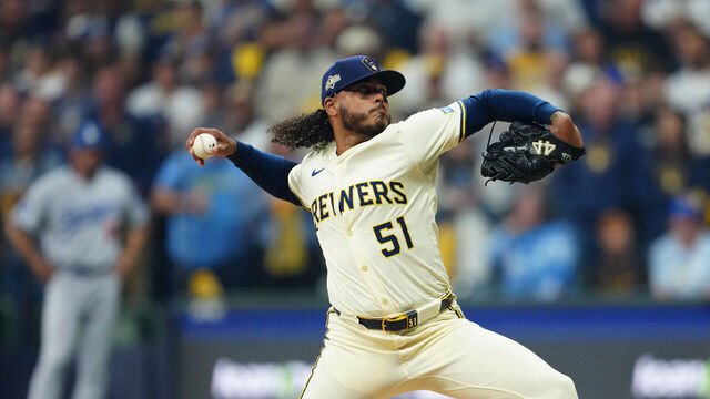 MILWAUKEE, WI - OCTOBER 14: Freddy Peralta #51 of the Milwaukee Brewers pitches during Game Two of the National League Championship Series presented by loanDepot between the Los Angeles Dodgers and the Milwaukee Brewers at American Family Field on Tuesday, October 14, 2025 in Milwaukee, Wisconsin.