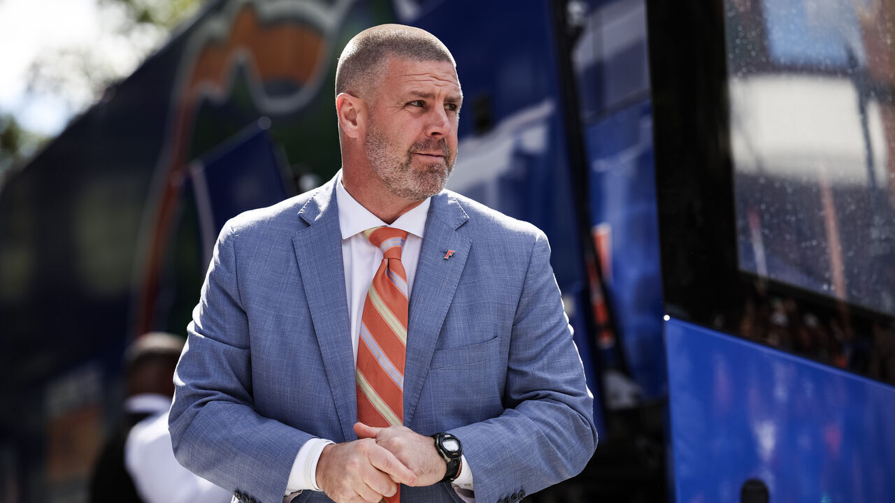 GAINESVILLE, FLORIDA - OCTOBER 18: Head Coach Billy Napier of the Florida Gators arrives during Gator Walk before the start of a game against the Mississippi State Bulldogs at Ben Hill Griffin Stadium on October 18, 2025 in Gainesville, Florida.