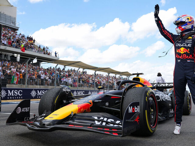 AUSTIN, TEXAS - OCTOBER 18: Sprint winner Max Verstappen of the Netherlands and Oracle Red Bull Racing waves in parc ferme during the Sprint ahead of the F1 Grand Prix of United States at Circuit of The Americas on October 18, 2025 in Austin, Texas.
