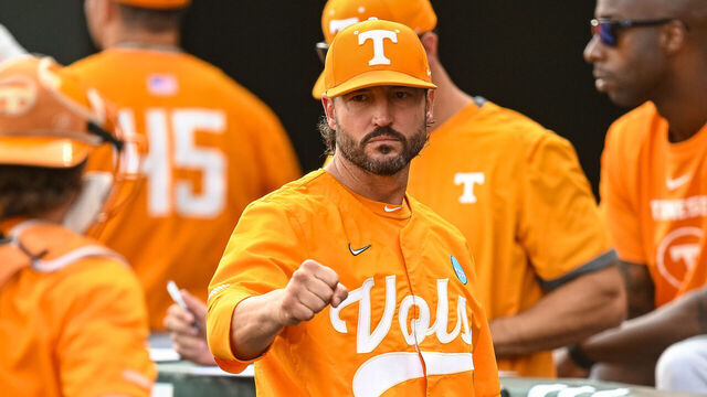 KNOXVILLE, TN - MAY 31: Tennessee Volunteers head coach Tony Vitello celebrates with Tennessee Volunteers catcher Cannon Peebles (5) during the NCAA Division I Regional Tournament baseball game between the Tennessee Volunteers and the Cincinnati Bearcats on May 31, 2025, at Lindsey Nelson Stadium in Knoxville, TN.