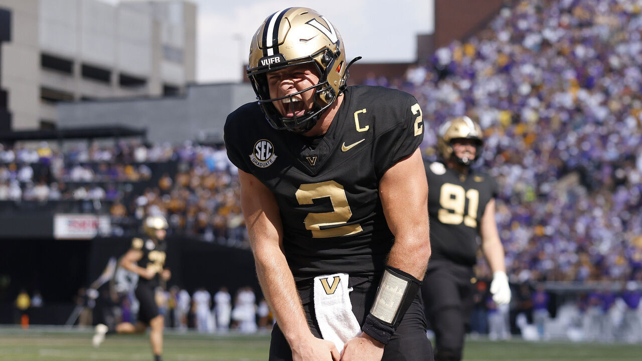NASHVILLE, TENNESSEE - OCTOBER 18: Diego Pavia #2 of the Vanderbilt Commodores celebrates after a touchdown pass during the second half of the game against the LSU Tigers at FirstBank Stadium on October 18, 2025 in Nashville, Tennessee.