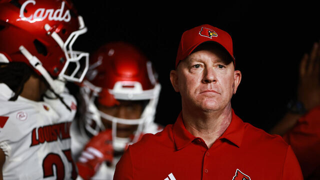 MIAMI GARDENS, FLORIDA - OCTOBER 17: Head coach of the Louisville Cardinals Jeff Brohm looks on before facing the Miami Hurricanes at Hard Rock Stadium on October 17, 2025 in Miami Gardens, Florida.