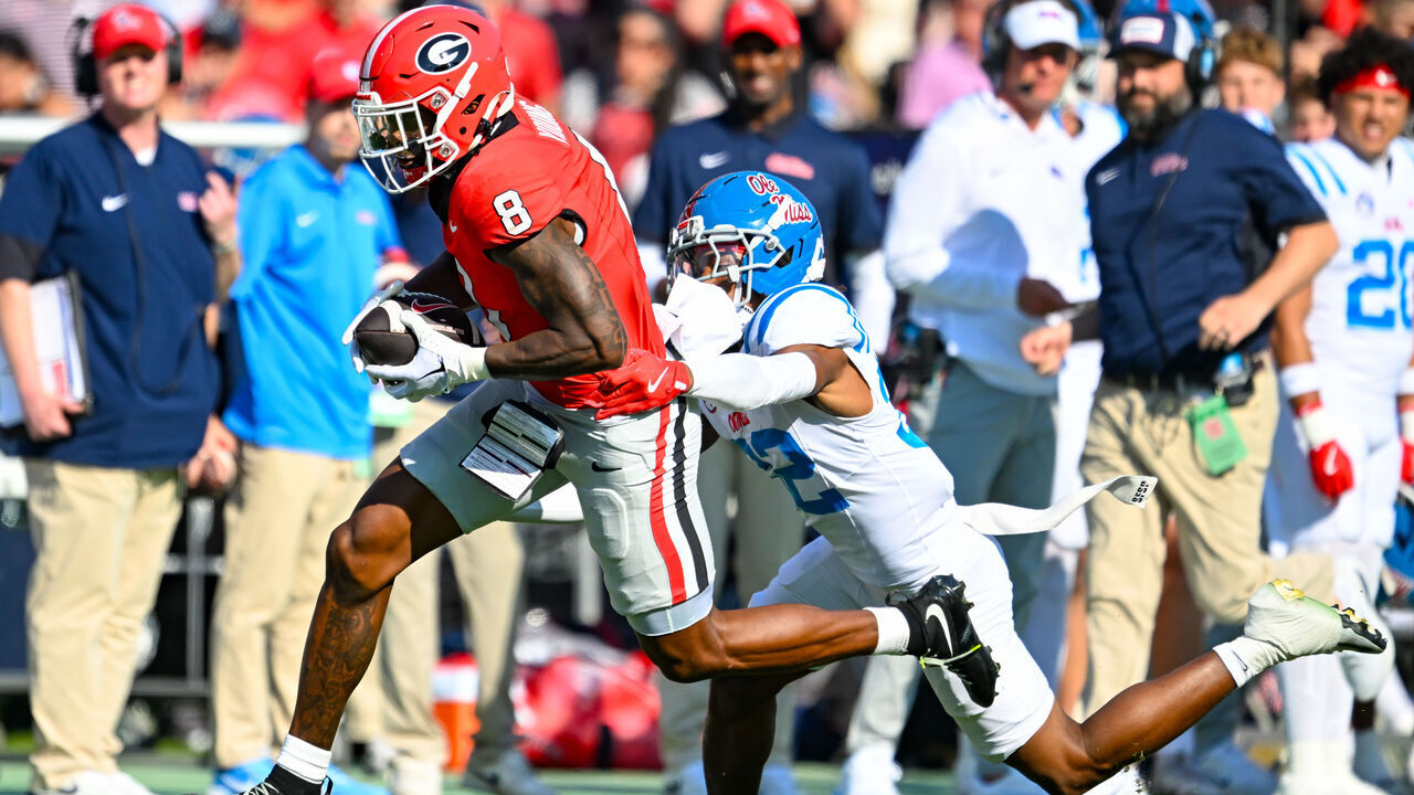 ATHENS, GA - OCTOBER 18: Georgia wide receiver Colbie Young (8) runs with the ball after a reception during the college football game between the Ole Miss Rebels and the Georgia Bulldogs on October 18th, 2025 at Sanford Stadium Bobby Dodd Stadium in Athens, GA.