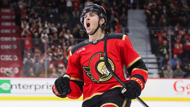 OTTAWA, ON - OCTOBER 16: Shane Pinto #12 of the Ottawa Senators celebrates his game winning shootout goal against the Seattle Kraken on October 16, 2025, at Canadian Tire Centre in Ottawa, ON, Canada.