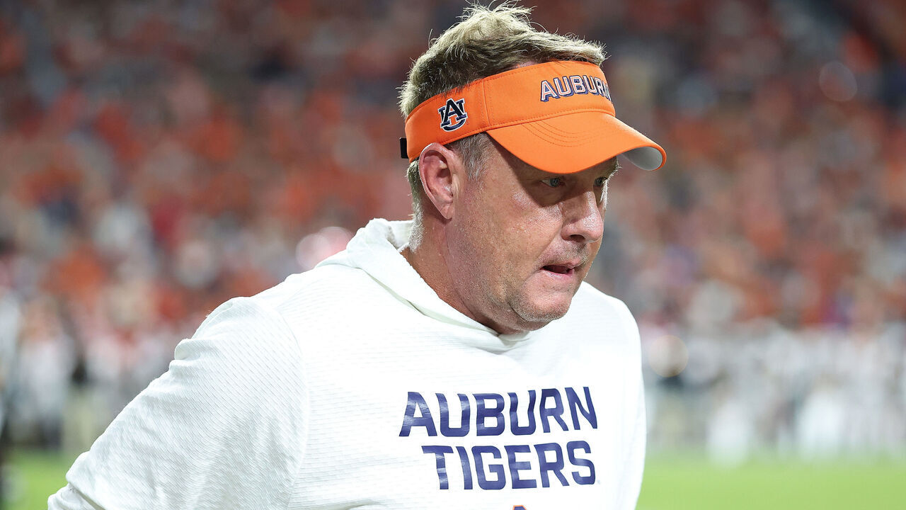 AUBURN, ALABAMA - OCTOBER 11: Head coach Hugh Freeze of the Auburn Tigers reacts against the Georgia Bulldogs during the second quarter at Jordan-Hare Stadium on October 11, 2025 in Auburn, Alabama.