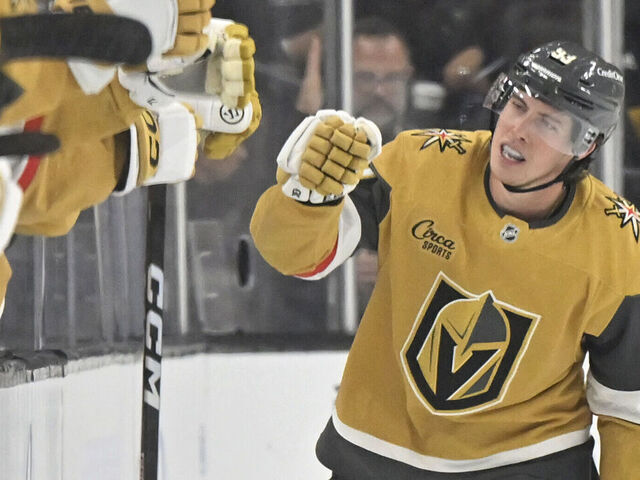 LAS VEGAS, NEVADA - OCTOBER 18: Mitch Marner #93 of the Vegas Golden Knights celebrates with teammates after a goal during the second period against the Calgary Flames at T-Mobile Arena on October 18, 2025 in Las Vegas, Nevada.