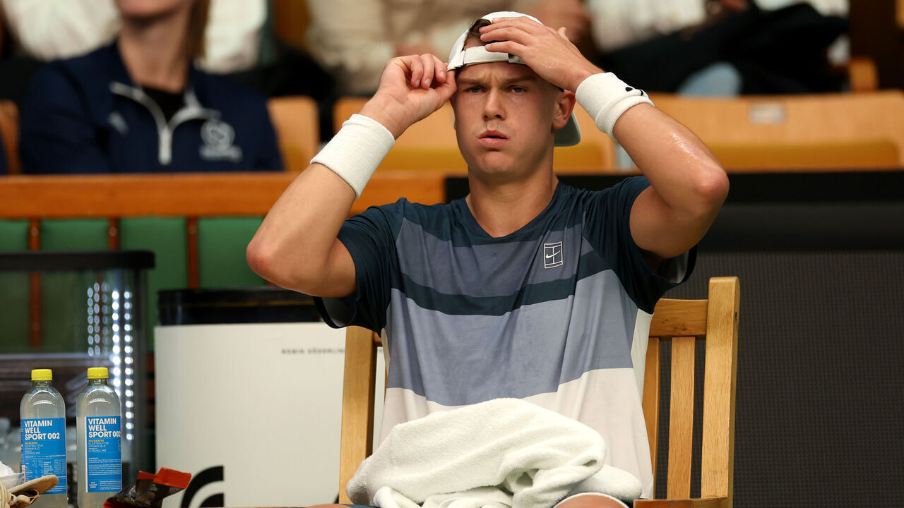STOCKHOLM, SWEDEN - OCTOBER 18: Holger Rune of Denmark reacts during a changeover against Ugo Humbert of France during the Men's Singles semi-final match on day eight of the BNP Paribas Nordic Open 2025 at Royal Tennis Hall on October 18, 2025 in Stockholm, Sweden.