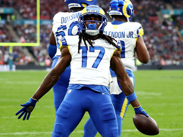LONDON, ENGLAND - OCTOBER 19: Davante Adams of Los Angeles Rams (#17) celebrates scoring his teams second touchdown during the NFL 2025 game between Los Angeles Rams and Jacksonville Jaguars at Wembley Stadium on October 19, 2025 in London, England.