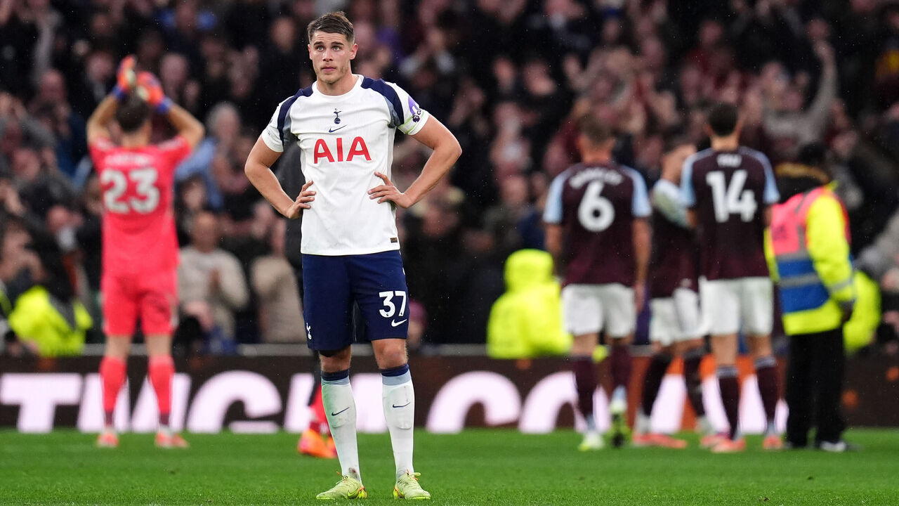 Tottenham Hotspur's Micky van de Ven appears dejected following the Premier League match at the Tottenham Hotspur Stadium, London. Picture date: Sunday October 19, 2025.