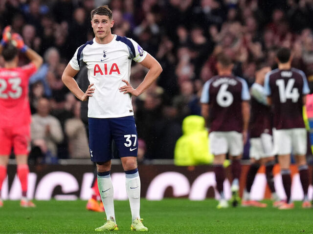 Tottenham Hotspur's Micky van de Ven appears dejected following the Premier League match at the Tottenham Hotspur Stadium, London. Picture date: Sunday October 19, 2025.