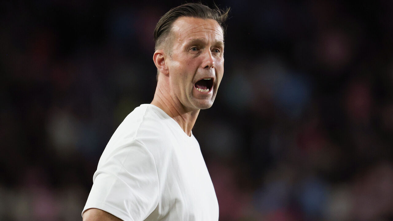 FORT LAUDERDALE, FLORIDA - OCTOBER 11: Ronny Deila, Head Coach of Atlanta United, reacts during the MLS Inter Miami CF and Atlanta United at Chase Stadium on October 11, 2025 in Fort Lauderdale, Florida.