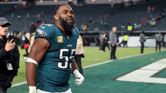 PHILADELPHIA, PENNSYLVANIA - NOVEMBER 14: Brandon Graham #55 of the Philadelphia Eagles runs off the field after defeating the Washington Commanders at Lincoln Financial Field on November 14, 2024 in Philadelphia, Pennsylvania. The Eagles won 26-18.