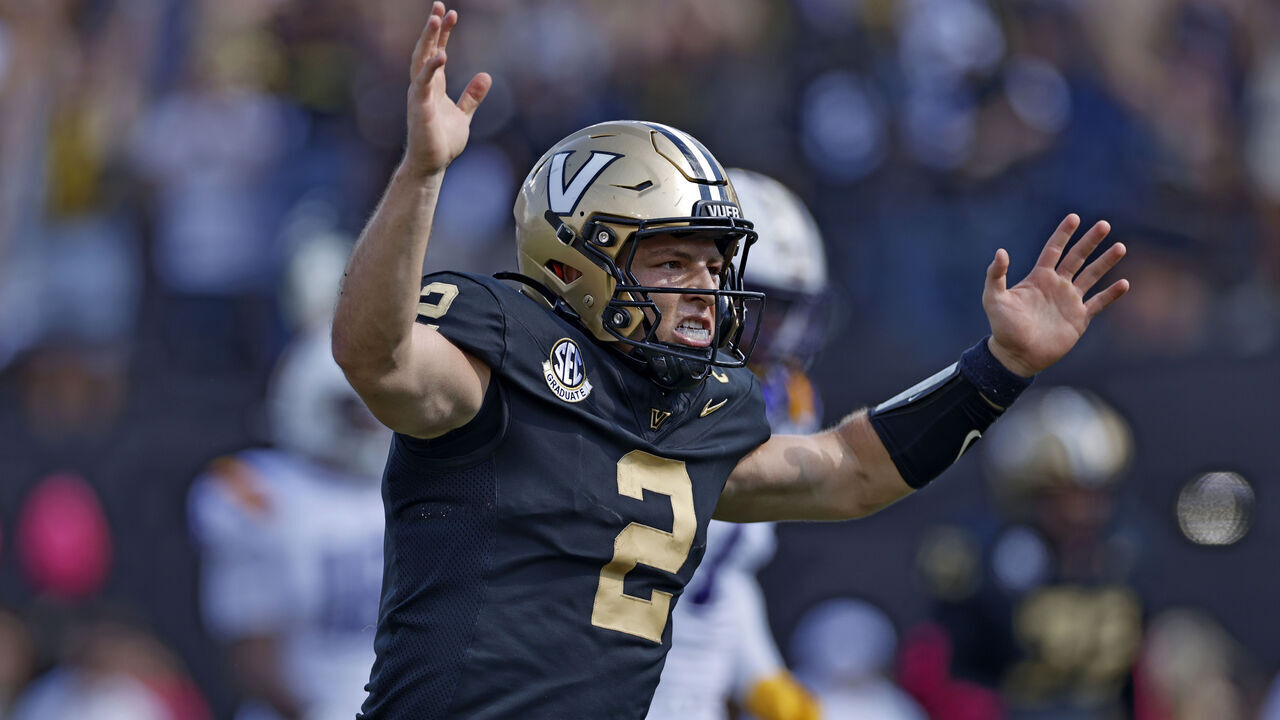 NASHVILLE, TN - OCTOBER 18: Diego Pavia #2 celebrates after a touchdown pass in the third quarter during a college football game against the LSU Tigers on October 18, 2025 at FirstBank Stadium in Nashville, Tennessee.