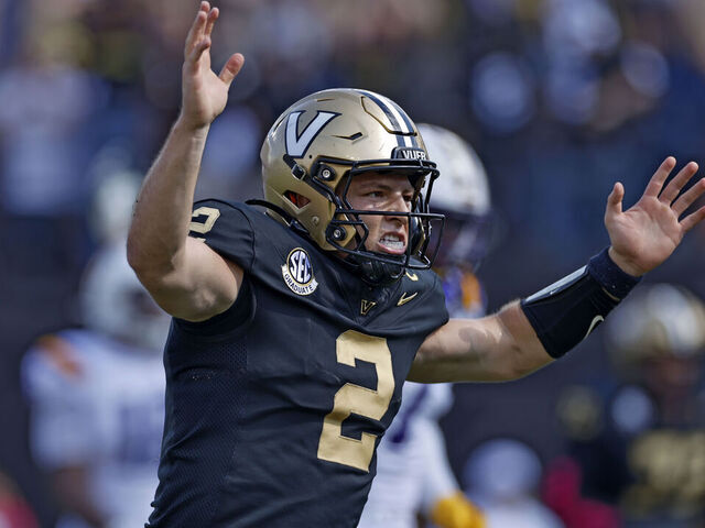 NASHVILLE, TN - OCTOBER 18: Diego Pavia #2 celebrates after a touchdown pass in the third quarter during a college football game against the LSU Tigers on October 18, 2025 at FirstBank Stadium in Nashville, Tennessee.
