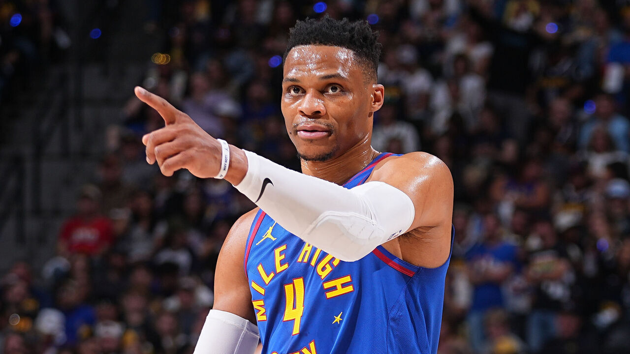 DENVER, CO - MAY 9: Russell Westbrook #4 of the Denver Nuggets reacts during Round Two, Game Three of the 2025 NBA Playoffs against the Oklahoma City Thunder on May 9, 2025 at Ball Arena in Denver, Colorado. NOTE TO USER: User expressly acknowledges and agrees that, by downloading and/or using this Photograph, user is consenting to the terms and conditions of the Getty Images License Agreement. Mandatory Copyright Notice: Copyright 2025 NBAE